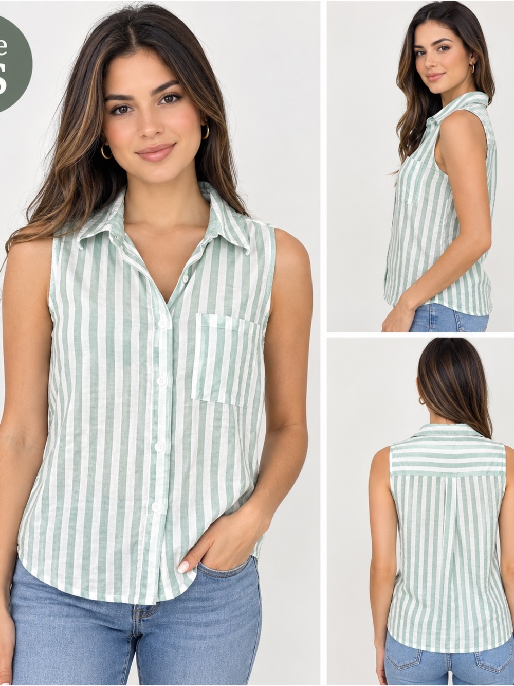 beachlunchlounge Mint and White Striped Sleeveless Button-Down Top